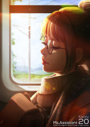 Rule 34 | 1girl, artist name, bag, blue sky, closed eyes, closed mouth, copyright name, day, eyelashes, from side, glasses, lens flare, lips, magion02, ms.assistant, nose, original, power lines, profile, round eyewear, sky, solo, sunlight, sweater, train, train interior, utility pole