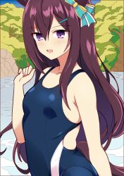 Rule 34 | 1girl, animal ears, armpit crease, bare shoulders, blue one-piece swimsuit, bow, breasts, brown hair, commentary request, competition swimsuit, ear bow, hair between eyes, hair ornament, hairclip, highres, horse ears, horse girl, lake, long hair, looking at viewer, mejiro dober (umamusume), one-piece swimsuit, outdoors, purple eyes, small breasts, smile, solo, swimsuit, tree, umamusume, upper body, wahiko (black bastard)