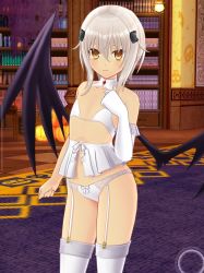 Rule 34 | 1girl, 3d, black wings, cat hair ornament, demon wings, elbow gloves, female focus, flat chest, garter straps, gloves, hair ornament, high school dxd, highres, indoors, lace, lace-trimmed panties, lace trim, lingerie, looking at viewer, panties, senran kagura, single elbow glove, solo, standing, toujou koneko, underwear, underwear only, white gloves, white hair, white legwear, white panties, wings, yellow eyes