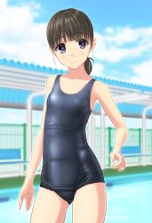 Rule 34 | 1girl, absurdres, bench, black hair, blue eyes, blue sky, blunt bangs, cloud, commentary request, contrapposto, day, flat chest, grey one-piece swimsuit, highres, long hair, looking at viewer, low ponytail, old school swimsuit, one-piece swimsuit, original, outdoors, pence, pool, school swimsuit, sky, solo, standing, swimsuit, takafumi