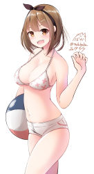 Rule 34 | 1girl, :d, atelier (series), atelier ryza, atelier ryza 1, ball, bare arms, bare shoulders, beachball, bikini, bikini top only, breasts, brown eyes, brown hair, cleavage, collarbone, commentary request, cowboy shot, dated, fang, hair ornament, hairband, hairclip, halterneck, hand up, highres, holding, large breasts, looking at viewer, navel, nekobaka, open mouth, reisalin stout, short hair, short shorts, shorts, sidelocks, signature, simple background, smile, solo, standing, stomach, strap gap, swimsuit, thighs, twitter username, white background, white bikini, white shorts