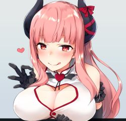 Rule 34 | 1girl, bare shoulders, black gloves, blush, breasts, buttons, cleavage cutout, clothing cutout, commentary, demon girl, demon horns, dress, elbow gloves, eve.ch, eve valerne, gloves, heart, highres, horns, indie virtual youtuber, large breasts, licking lips, long hair, looking at viewer, mikoto kei, pink hair, red eyes, sleeveless, smile, solo, tongue, tongue out, virtual youtuber, white dress