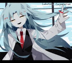 Rule 34 | 1girl, angela (project moon), aqua hair, black vest, breasts, chinese commentary, collared shirt, commentary request, copyright name, film grain, hair down, holding hairband, lab coat, lemonail, light particles, lobotomy corporation, long hair, long sleeves, necktie, no nose, open mouth, project moon, red necktie, shirt, small breasts, smile, solo, upper body, vest, white shirt, yellow eyes