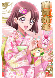 Rule 34 | 1girl, :d, chinese zodiac, ema, floral print, flower, hair flower, hair ornament, hanadera nodoka, hanzou, happy new year, healin&#039; good precure, highres, holding, japanese clothes, kimono, looking at viewer, new year, obi, open mouth, pink eyes, pink hair, pink kimono, precure, rabirin (precure), sash, short hair, smile, upper body, year of the ox