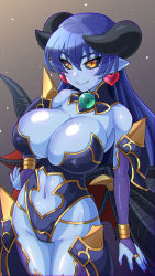 Rule 34 | astaroth (shinrabanshou), black sclera, blue skin, breasts, bridal gauntlets, clothing cutout, colored sclera, colored skin, demon girl, demon horns, demon tail, earrings, elbow gloves, gloves, heart, heart earrings, highres, horns, jewelry, kemurin, large breasts, leotard, nail polish, navel, navel cutout, pointy ears, purple gloves, purple leotard, shinrabanshou, smile, solo, tail