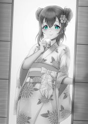 Rule 34 | 1girl, aqua eyes, artist name, artist request, blush, breasts, corset, double bun, female focus, floral print, flower, flower print, green eyes, greyscale, hair between eyes, hair bun, hair flower, hair ornament, highres, japanese clothes, kimono, kurosawa ruby, long sleeves, looking at viewer, love live!, love live! sunshine!!, monochrome, obi, parted lips, red hair, sash, short hair, smile, solo, unsfrau, wide sleeves