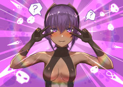 Rule 34 | 1girl, ?, announ (kurotya), black bodysuit, black gloves, blush, bodysuit, breasts, center opening, closed mouth, collarbone, commentary request, covered collarbone, dark-skinned female, dark skin, double v, elbow gloves, emotional engine - full drive, fate/grand order, fate/prototype, fate/prototype: fragments of blue and silver, fate (series), gloves, hair between eyes, hands up, hassan of serenity (fate), highres, kunai, mask, medium breasts, purple background, purple eyes, purple hair, sidelocks, skull mask, solo, sparkle, spoken question mark, upper body, v, v over eye, weapon