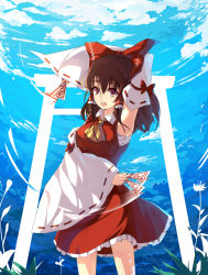 Rule 34 | 1girl, absurdres, arm up, armpits, ascot, baisi shaonian, bandages, between fingers, blue dress, bow, brown eyes, brown hair, cloud, detached sleeves, dress, flower, hair bow, hair tubes, hakurei reimu, highres, holding, long hair, motion blur, open mouth, red dress, sarashi, solo, spell card, torii, touhou