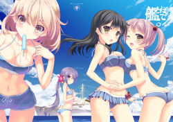Rule 34 | 10s, 4girls, akebono (kancolle), ass, asymmetrical docking, bell, bikini, bikini skirt, blue bikini, blue hair, blush, breast conscious, breast press, breasts, butt crack, cleavage, cloud, cloudy sky, day, flower, food, from side, hair bell, hair between eyes, hair flower, hair ornament, holding hands, interlocked fingers, jingle bell, kantai collection, long hair, looking at viewer, medium breasts, midriff, multiple girls, nanao naru, oboro (kancolle), open mouth, outdoors, pink hair, popsicle, sazanami (kancolle), ship, short hair, short twintails, shorts, side ponytail, sky, small breasts, stomach, strap pull, swimsuit, thighs, twintails, ushio (kancolle), watercraft, yellow eyes