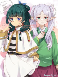 Rule 34 | 2girls, absurdres, blue eyes, cape, capelet, chinese clothes, closed mouth, cosplay, costume switch, crossover, earrings, elf, frieren, frieren (cosplay), green eyes, green hair, grey hair, hair ornament, highres, hiragana sherry, jewelry, kusuriya no hitorigoto, long hair, long sleeves, looking at viewer, maomao (kusuriya no hitorigoto), multiple girls, pointy ears, shirt, skirt, smile, sousou no frieren, striped clothes, striped shirt, twintails, white cape, white capelet, white skirt, wide sleeves