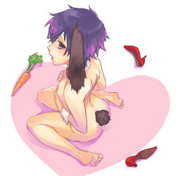 Rule 34 | 1girl, animal ears, atlus, back, barefoot, carrot, collar, feet, female focus, flat chest, full body, heart, high heels, kemonomimi mode, lowres, mihara (081mhrs), nipples, nude, persona, persona 4, purple hair, pussy juice, rabbit ears, rabbit tail, red footwear, shirogane naoto, shoes, short hair, sitting, solo, tail, wariza