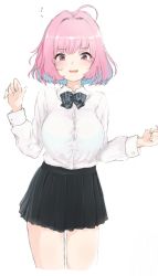 Rule 34 | 1girl, ahoge, black bow, black skirt, blue hair, blush, bow, breasts, collared shirt, commentary request, cropped legs, dress shirt, fang, hair intakes, hand up, idolmaster, idolmaster cinderella girls, long sleeves, looking at viewer, medium breasts, multicolored hair, musical note, parted lips, pink hair, pleated skirt, red eyes, ripu (lipi), shirt, short hair, simple background, skirt, solo, spoken musical note, two-tone hair, white background, white shirt, yumemi riamu
