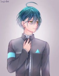 Rule 34 | 1boy, adjusting clothes, adjusting necktie, ahoge, artist name, black jacket, black necktie, closed mouth, collared shirt, commentary request, danganronpa (series), danganronpa v3: killing harmony, detroit: become human, ewa (seraphhuiyu), facing viewer, green hair, grey background, grey jacket, hair between eyes, hand on own chest, hand up, highres, jacket, long sleeves, looking to the side, male focus, necktie, saihara shuichi, shirt, short hair, solo, upper body, white shirt, wing collar, yellow eyes