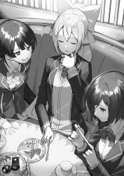 Rule 34 | 3girls, :i, absurdres, blazer, blush, bow, bowtie, braid, cake, cardigan, closed eyes, closed mouth, collared shirt, cup, dessert, eating, food, food on face, fork, greyscale, grin, hair between eyes, hair ornament, hairclip, high ponytail, highres, higuchi kaede, higuchi kaede (1st costume), holding, holding fork, indoors, jacket, long hair, long sleeves, monochrome, multiple girls, necktie, nijisanji, open clothes, open jacket, plate, ponytail, saucer, school uniform, scottie (phantom2), shirt, shizuka rin, shizuka rin (1st costume), short hair, sitting, smile, sweets, table, teacup, tiered tray, tsukino mito, tsukino mito (1st costume), very long hair, virtual youtuber