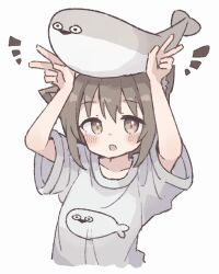 Rule 34 | 1girl, animal ear fluff, animal ears, animal print, arms up, blush, brown eyes, brown hair, cat ears, collarbone, colon br, commentary request, cropped torso, detached sleeves, double w, fish on head, fish print, grey shirt, highres, looking at viewer, medium hair, notice lines, open mouth, original, print shirt, sacabambaspis, shirt, short sleeves, simple background, solo, t-shirt, upper body, w, white background