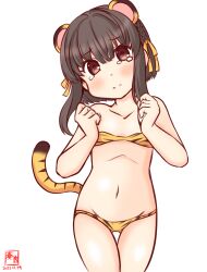 Rule 34 | 1girl, alternate costume, animal ears, animal print, artist logo, bikini, black hair, brown eyes, clenched hand, commentary request, cowboy shot, dated, flat chest, kanon (kurogane knights), kantai collection, looking at viewer, one-hour drawing challenge, short hair, short hair with long locks, simple background, solo, strapless, strapless bikini, swimsuit, tail, tears, tiger ears, tiger print, tiger tail, ukuru (kancolle), white background, yellow bikini