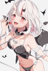 Rule 34 | 1girl, alternate breast size, auui, bandages, bare shoulders, black panties, blush, breasts, candy, chain, cleavage, collar, costume, demon girl, demon tail, demon wings, fang, food, gradient hair, grey hair, highres, holding, holding candy, holding food, hololive, horns, large breasts, looking at viewer, multicolored hair, nakiri ayame, oni, open mouth, panties, red eyes, red hair, revealing clothes, short hair, skin-covered horns, smile, solo, streaked hair, tail, underwear, virtual youtuber, white hair, wings