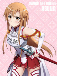 Rule 34 | 10s, 1girl, armor, asuna (sao), breastplate, brown eyes, brown hair, clothes writing, long hair, nakajima akihiko, solo, sword, sword art online, thighhighs, translation request, weapon, white thighhighs