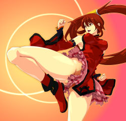 Rule 34 | 1girl, arc system works, boots, breasts, brown hair, chinese clothes, detached sleeves, covered erect nipples, guilty gear, highres, impossible clothes, kicking, kuradoberi jam, leg up, legs, long hair, long legs, miniskirt, miraki1016, no panties, shirt, skirt, solo, taut clothes, taut shirt, thighs, very long hair, yellow eyes