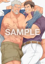 Rule 34 | 2boys, abs, aegir (housamo), alternate hair color, aqua hair, arm around shoulder, ass, bara, bare pectorals, beard, blue eyes, brown shorts, bulge, bulge press, bulges touching, commentary request, commission, dagon (housamo), dark-skinned male, dark skin, facial hair, fingernails, fins, grabbing, grey hair, grin, harada (basashi), large pectorals, lying, male focus, male pubic hair, mature male, multicolored hair, multiple boys, muscular, muscular male, navel, nipples, no male underwear, on side, open clothes, open fly, open shirt, pants, pectoral docking, pectoral grab, pectoral press, pectorals, penis, pubic hair, purple shirt, sample watermark, sharp fingernails, shirt, short hair, shorts, sideburns, skeb commission, skindentation, sleeves rolled up, smile, stomach, streaked hair, stubble, sweat, thick thighs, thighs, tokyo houkago summoners, watermark, white pants