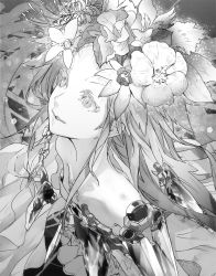 Rule 34 | 10s, 1girl, beatless, flat chest, flower, from above, greyscale, hair flower, hair ornament, halftone, long hair, monochrome, redjuice, revision, snowdrop (beatless), solo