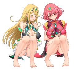 Rule 34 | absurdres, barefoot, blonde hair, breasts, cleavage, cleavage cutout, clothing cutout, feichu keju, highres, large breasts, multiple girls, mythra (xenoblade), pyra (xenoblade), red eyes, red hair, transparent background, xenoblade chronicles (series), xenoblade chronicles 2, yellow eyes