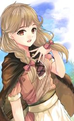 Rule 34 | 1girl, :d, apron, blouse, bow, braid, brown cape, brown eyes, brown hair, cape, day, faye (fire emblem), fire emblem, fire emblem echoes: shadows of valentia, fuussu (21-kazin), hair bow, long hair, nintendo, open mouth, outdoors, pink bow, pink shirt, shirt, short sleeves, smile, solo, standing, waist apron, white apron