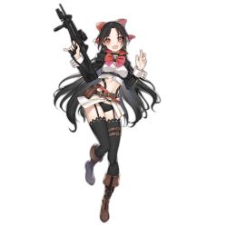 Rule 34 | 1girl, ammunition pouch, belt, beretta cx4 storm, black hair, black jacket, black panties, black thighhighs, blue gemstone, boots, bow, bowtie, breasts, brown footwear, carbine, choker, collar, crop top, cropped jacket, cx4 storm (girls&#039; frontline), earrings, fang, foregrip, full body, garter straps, gem, girls&#039; frontline, gun, haijin, hair bow, hair ribbon, hand up, high collar, holding, holding gun, holding weapon, jacket, jewelry, knee boots, logo, long hair, long sleeves, looking at viewer, medium breasts, midriff, miniskirt, navel, official art, open clothes, open mouth, open skirt, panties, parted bangs, pinky out, pistol-caliber carbine, pouch, red bow, red bowtie, red eyes, red ribbon, revealing clothes, ribbon, rifle, sidelocks, skirt, sleeve cuffs, smile, solo, standing, standing on one leg, stomach, strap, stud earrings, submachine gun, thigh strap, thighhighs, transparent background, trigger discipline, underbust, underwear, utility belt, very long hair, weapon, wrist cuffs