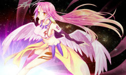 Rule 34 | 10s, 1girl, angel wings, blush, breasts, spiked halo, feathered wings, halo, jibril (no game no life), long hair, low wings, magic circle, midriff, navel, no game no life, pink hair, smile, solo, very long hair, white wings, wings, yellow eyes