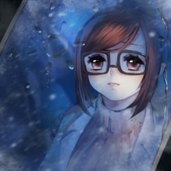 Rule 34 | 1girl, anyezi, black-framed eyewear, brown eyes, brown hair, cold, commentary, eyelashes, glasses, hair bun, in container, lab coat, matching hair/eyes, mei (overwatch), overwatch, overwatch 1, parted lips, pink lips, ribbed sweater, sidelocks, single hair bun, smile, solo, steam, sweater, swept bangs, teeth, upper body, water drop