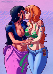 Rule 34 | 2girls, black hair, breasts, cleavage, closed eyes, girl on top, hand on back, highres, hip focus, kiss, large breasts, multiple girls, nami (one piece), nico robin, nipples, nude, one piece, orange hair, short hair, thick thighs, thighs, upper body, yuri