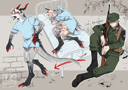 Rule 34 | 1boy, arrow (symbol), artist logo, artist name, bed, black footwear, bleeding, blood, blue eyes, blue shirt, boots, bottomless, breath, brick wall, bullet hole, clenched teeth, closed eyes, closed mouth, collared shirt, commentary, dragon, dragon boy, dragon horns, dragon tail, full body, furrification, furry, furry male, green pants, green shirt, gun, hand on own hip, hands on own head, heavy breathing, highres, horns, hospital, hospital bed, hospital gown, injury, knee up, long sleeves, male focus, military uniform, monster boy, multicolored hair, multiple views, open mouth, original, outline, pants, pillow, progression, red hair, rifle, rubble, scales, scottish flag, sharp teeth, shirt, short hair, short sleeves, sitting, sweat, tail, teeth, tokitsu sousaku, transformation, twitter username, two-tone hair, uniform, walking, watermark, weapon, white hair, white outline