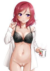 Rule 34 | 1girl, black bra, bra, breasts, cleft of venus, closed mouth, coffee, collarbone, cup, hand up, holding, holding cup, love live!, love live! school idol project, medium breasts, navel, nishikino maki, no panties, nude filter, open clothes, open shirt, purple eyes, pussy, red hair, shirt, short hair, simple background, solo, standing, suzume miku, third-party edit, underwear, white background, white shirt