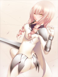 Rule 34 | 1girl, anastasia (claymore), armor, ass, bad id, bad pixiv id, blush, bodysuit, breasts, censored, claymore (series), claymore (sword), convenient censoring, drill hair, hair over breasts, long hair, open mouth, pink hair, shokuyou mogura, skin tight, solo, sword, tight clothes, weapon, yellow eyes