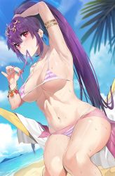 Rule 34 | 1girl, arm up, armlet, armpits, bikini, blue sky, blush, bracelet, cloud, collarbone, commentary, covered erect nipples, damda, day, dutch angle, fate/grand order, fate (series), feet out of frame, fingernails, hair between eyes, high ponytail, jewelry, long fingernails, long hair, looking at viewer, micro bikini, mouth hold, nail polish, navel, ocean, outdoors, palm tree, pink nails, ponytail, red eyes, ribbon, sarong, scathach (fate), sidelocks, sitting, sky, solo, stomach, striped bikini, striped clothes, swimsuit, symbol-only commentary, tree, tying hair, uncensored, very long hair, wet