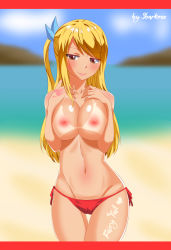 Rule 34 | 1girl, bikini, blonde hair, blush, breasts, brown eyes, curvy, fairy tail, female focus, hair ribbon, highres, large breasts, long hair, looking at viewer, lucy heartfilia, navel, nipples, ribbon, side ponytail, smile, solo, standing, swimsuit, tan, tanline, tattoo, thigh gap, topless