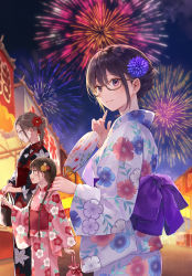 Rule 34 | 3girls, :d, aerial fireworks, black-framed eyewear, black kimono, blue eyes, blue flower, blurry, blurry background, blush, braid, brown eyes, brown hair, closed mouth, commentary request, depth of field, fireworks, floral print, flower, fukahire (ruinon), glasses, hair flower, hair ornament, hand fan, highres, holding, holding fan, japanese clothes, kimono, long hair, low twintails, multiple girls, night, night sky, obi, open mouth, original, outdoors, paper fan, pink flower, pink kimono, print kimono, purple eyes, red flower, sash, semi-rimless eyewear, sky, smile, market stall, twin braids, twintails, uchiwa, under-rim eyewear, very long hair, white flower, white kimono, yellow flower
