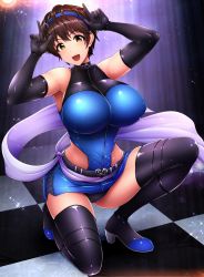 Rule 34 | 1girl, armpits, bare shoulders, belt, black dress, black footwear, black gloves, blue dress, blush, boots, breasts, brown eyes, brown hair, checkered floor, dress, elbow gloves, gloves, hands up, highres, huge breasts, idolmaster, idolmaster cinderella girls, kneeling, looking at viewer, oikawa shizuku, open mouth, sash, sexy guilty, sexy guilty (idolmaster), short dress, short hair, skin tight, smile, solo, sparkle, thigh boots, thighhighs, two-tone dress, umasan