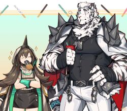 Rule 34 | 1boy, 1girl, absurdres, animal ears, arknights, bara, black tank top, chain, chain necklace, character request, covered abs, covered navel, facial hair, feet out of frame, food, food in mouth, furry, furry male, goatee, graysheartart, highres, holding, holding food, holding pocky, jewelry, large pectorals, looking at another, mountain (arknights), muscular, muscular male, necklace, pectorals, pocky, pocky day, pocky in mouth, scar, scar across eye, scar on arm, short hair, shoulder spikes, sigh, spikes, standing, tank top, thick eyebrows, tiger boy, tiger ears, white hair