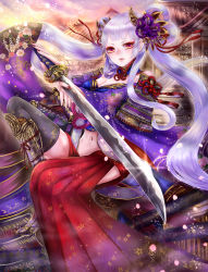 Rule 34 | 1girl, artist name, breasts, cleavage, haruci, highres, japanese clothes, katana, long hair, midriff, nail polish, navel, original, petals, red eyes, red theme, sengoku taisen, solo, sparkle, sword, twintails, very long hair, weapon, white hair