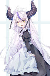 Rule 34 | 1girl, absurdres, ahoge, alternate costume, apron, black dress, black horns, blush, braid, braided bangs, dress, frilled apron, frills, grey hair, highres, hololive, horns, la+ darknesss, long hair, looking at viewer, maid, maid apron, maid headdress, multicolored hair, open mouth, pointy ears, purple hair, shigureszku, smile, solo, streaked hair, striped horns, virtual youtuber