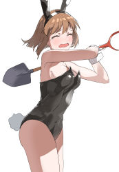Rule 34 | 1girl, :o, absurdres, animal ears, arms up, black leotard, blunt ends, blush, breasts, brown hair, embarrassed, closed eyes, fake animal ears, full-face blush, hagiwara yukiho, highres, holding, holding shovel, idolmaster, idolmaster (classic), idolmaster million live!, leotard, medium breasts, pdal (pdalhhh), playboy bunny, rabbit ears, rabbit tail, short hair, shovel, simple background, solo, tail, tears, wavy mouth, white background, wrist cuffs