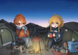 Rule 34 | 2girls, absurdres, ahoge, beanie, black footwear, black jacket, black shorts, blonde hair, blue eyes, blue pants, blue scarf, bright pupils, campfire, camping, camping chair, claymore (mine), cooler, cup, dawn, drinking, explosive, glasses, hat, highres, holding, holding cup, indie virtual youtuber, jacket, long hair, mako fukasame, mine (weapon), mountainous horizon, multiple girls, open mouth, orange eyes, orange hair, orange sweater, pants, scarf, second-party source, shorts, sidelocks, sitting, sky, srtdrawart, sweater, tent, thermos, unworn headwear, virtual youtuber, whiskey project, white pupils