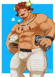 Rule 34 | 1boy, abashiri (abasirisippo), abs, american football, animal ears, bara, breath, brown eyes, brown hair, bulge, carrying, carrying under arm, cow boy, cow ears, cow horns, dark-skinned male, dark skin, eye black, facial hair, feather necklace, fiery horns, forked eyebrows, glowing horns, goatee, helmet, holding, holding helmet, horns, large pectorals, male focus, muscular, muscular male, navel, nipples, pants, pectorals, short hair, smile, solo, spiked hair, stomach, sweat, thick eyebrows, thick thighs, thighs, tight clothes, tight pants, tokyo houkago summoners, topless male, wakan tanka, white pants