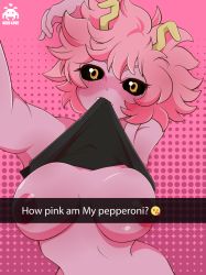Rule 34 | 1girl, ashido mina, blush, boku no hero academia, breasts, breasts out, cinnamon6, clothes lift, colored skin, highres, large breasts, looking at viewer, mouth hold, nipples, pink hair, pink skin, selfie, shirt, shirt lift, short hair, smile, solo, upper body, yellow eyes