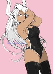 1girl alternate_costume animal_ears black_thighhighs boku_no_hero_academia breasts dark-skinned_female dark_skin gloves highres large_breasts leotard long_hair looking_at_viewer mirko muscular muscular_female nstime23 pink_background rabbit_ears rabbit_girl rabbit_tail red_eyes sideboob solo tail thighhighs thighs white_gloves white_hair