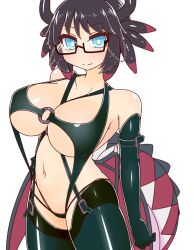 Rule 34 | 1girl, black hair, blue eyes, bodysuit, breasts, cahf/find, cleavage, cowboy shot, dragon girl, dragon horns, dragon tail, dragon wings, duel monster, elbow gloves, garter straps, glasses, gloves, horns, house dragonmaid, large breasts, latex, latex bodysuit, looking at viewer, navel, short hair, simple background, solo, tail, white background, wings, yu-gi-oh!
