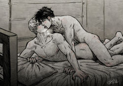 Rule 34 | 2boys, anal, bad id, bad link, bad tumblr id, bara, black hair, blonde hair, blush, couple, cris art, facial hair, feet out of frame, french kiss, from side, hulkling, kiss, long sideburns, lying, male focus, male penetrated, marvel, multiple boys, on bed, on stomach, pectorals, prone bone, sex, sex from behind, short hair, sideburns, sideburns stubble, sparse stubble, spot color, stubble, thick eyebrows, toned, toned male, wiccan, yaoi