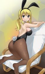 Rule 34 | 1girl, animal ears, ass, black leotard, blonde hair, blush, breasts, brown hair, cleavage, curvy, fairy tail, fake animal ears, from behind, gaston18, highleg, highleg leotard, highres, huge ass, leotard, looking at viewer, looking back, looking to the side, lucy heartfilia, no socks, pantyhose, playboy bunny, rabbit ears, rabbit tail, solo, tail, thong leotard, wide hips