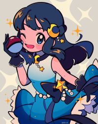 Rule 34 | 1girl, ;d, beads, black gloves, black hair, blue dress, blue eyes, blush stickers, bow, chueog, creatures (company), crescent, crescent hair ornament, dawn (pokemon), dress, eyelashes, game freak, gloves, grey background, hair ornament, hand up, highres, holding, holding poke ball, long hair, looking at viewer, nintendo, one eye closed, open mouth, poke ball, poke ball (basic), pokemon, pokemon (anime), pokemon journeys, pokemon swsh075, sidelocks, sleeveless, sleeveless dress, smile, solo, sparkle, tongue, twitter username